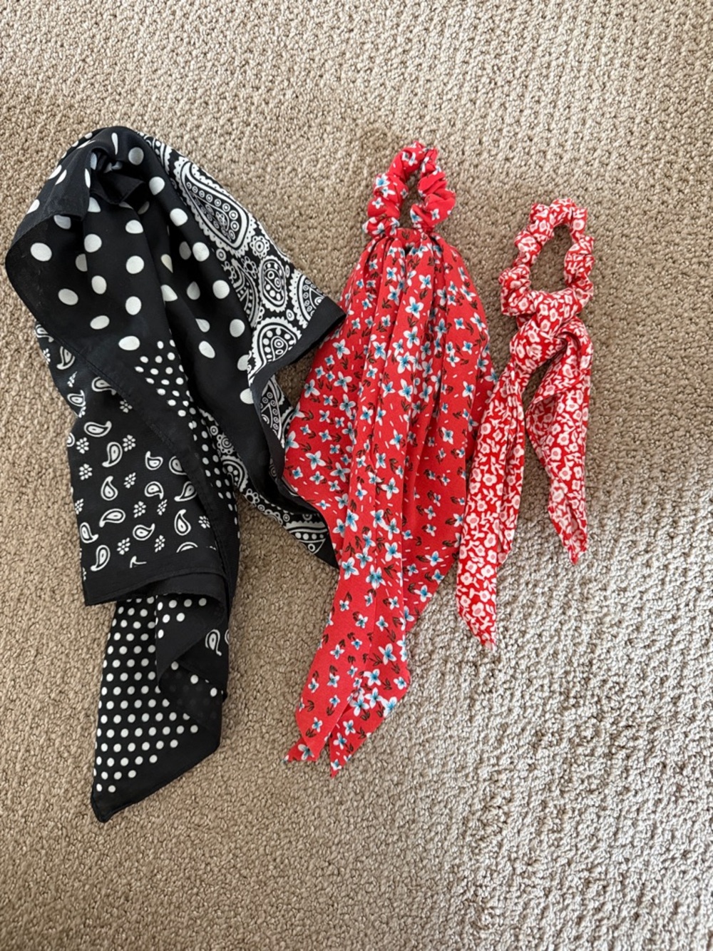 Set of Black Bandana and Red Floral Scrunchie Scarves